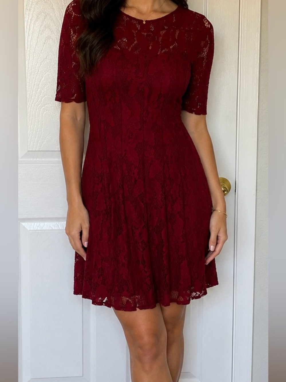 Ryan Michelle Chic Burgundy Lace Long Sleeve Dress
